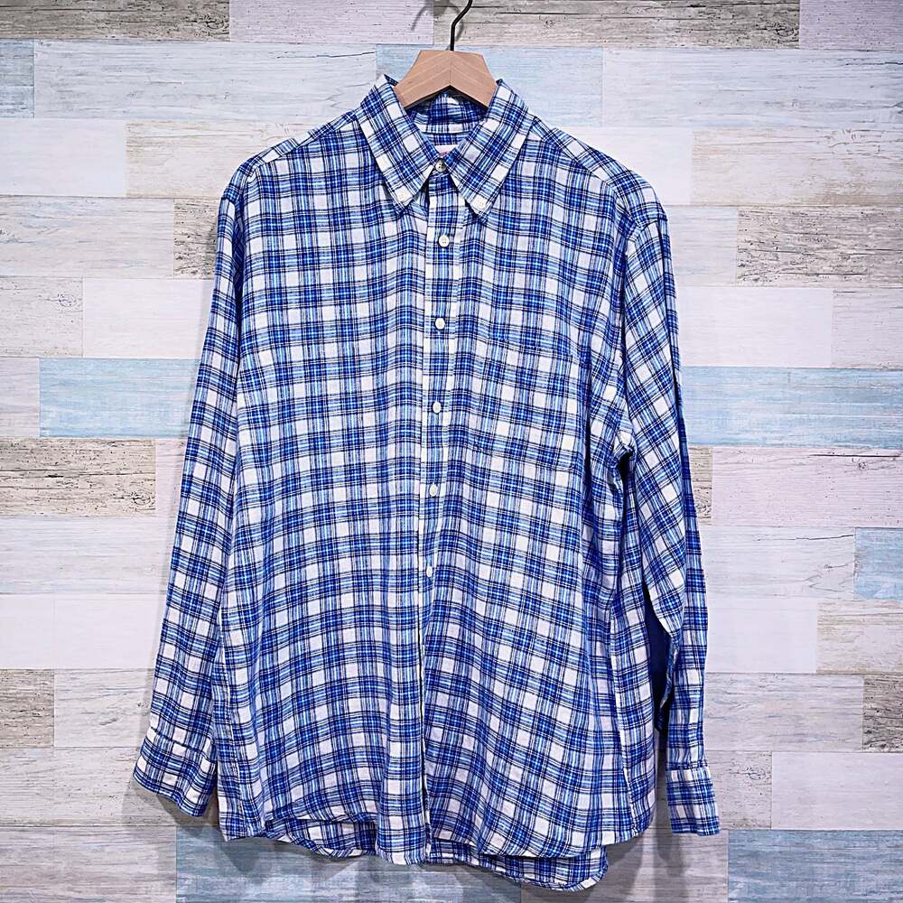 Brooks Brothers Linen Oxford Original Polo Shirt Blue White Plaid Mens Medium